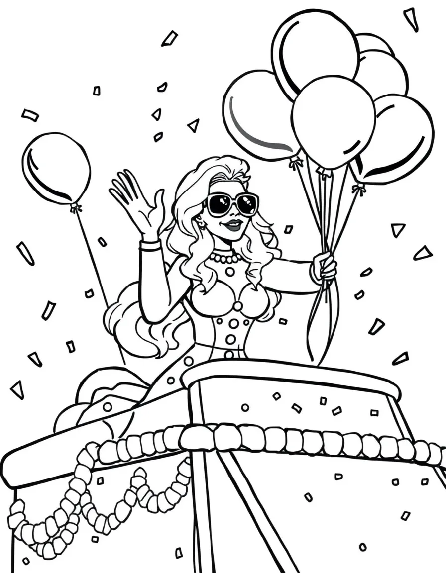 Lady Gaga waving from a parade float with balloons and confetti – a fun and kid-friendly coloring page.