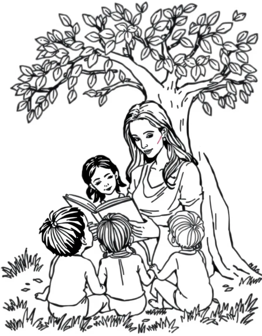 Angelina Jolie reading a storybook to children under a tree – a fun and kid-friendly coloring page.