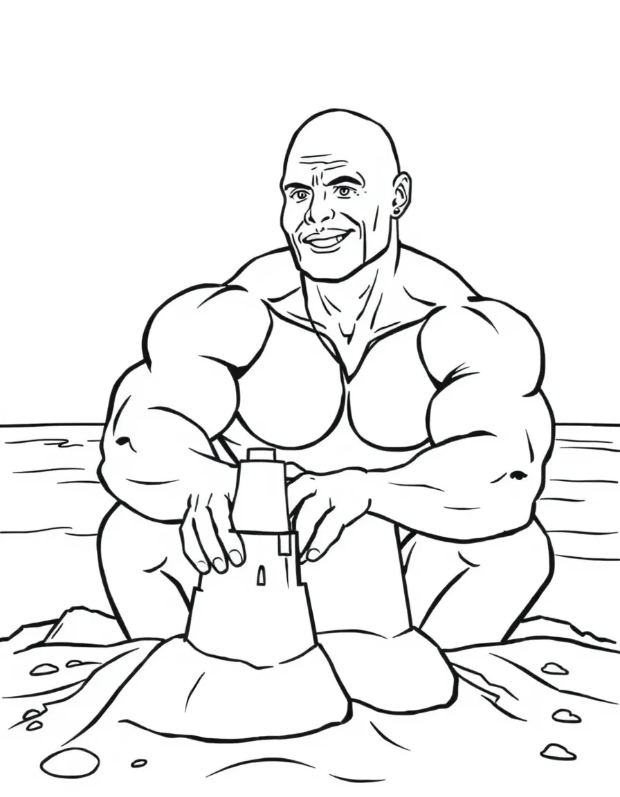 Dwayne Johnson building a sandcastle at the beach – a fun and kid-friendly coloring page.