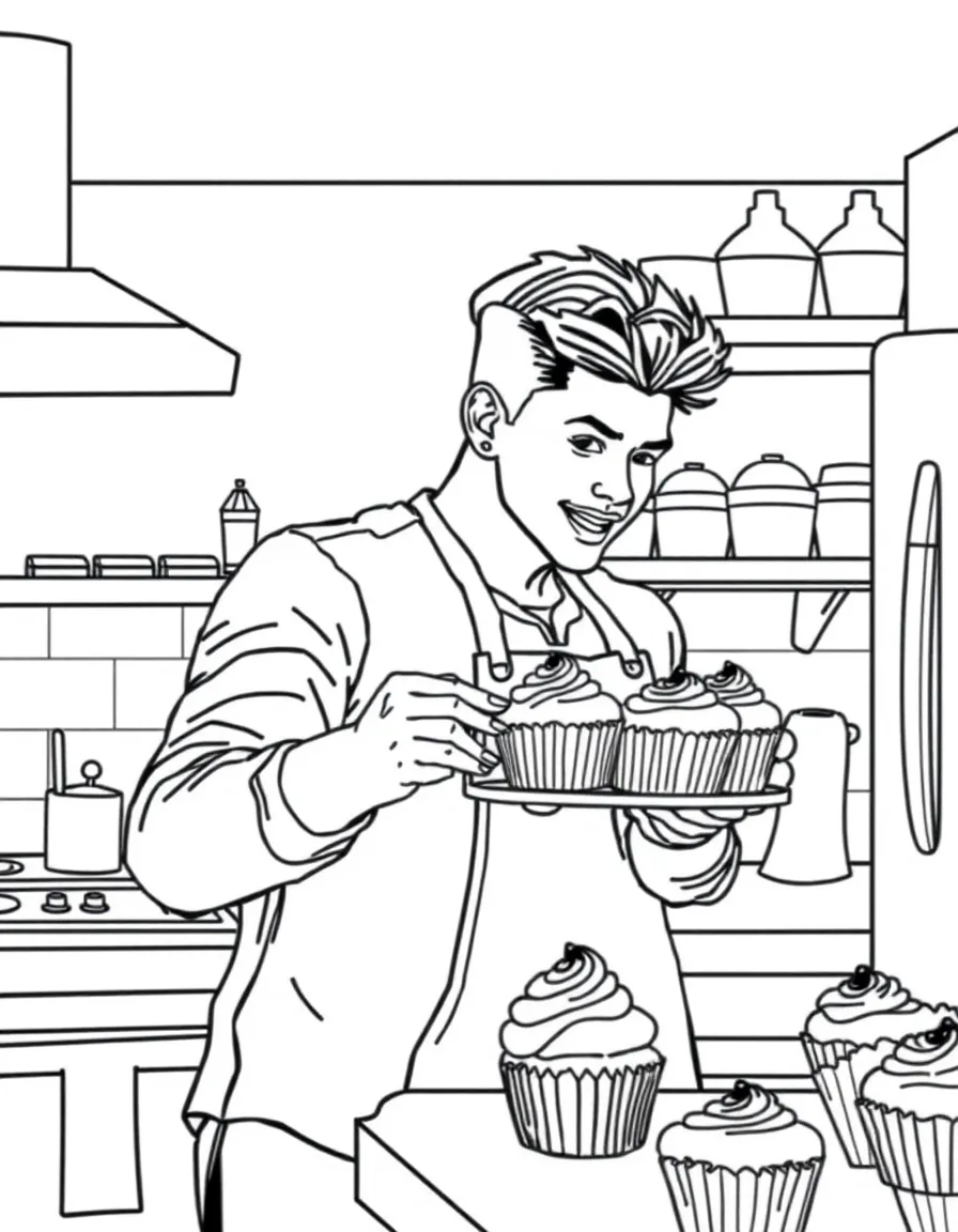 Shawn Mendes baking cupcakes in a colorful kitchen – a fun and kid-friendly coloring page.