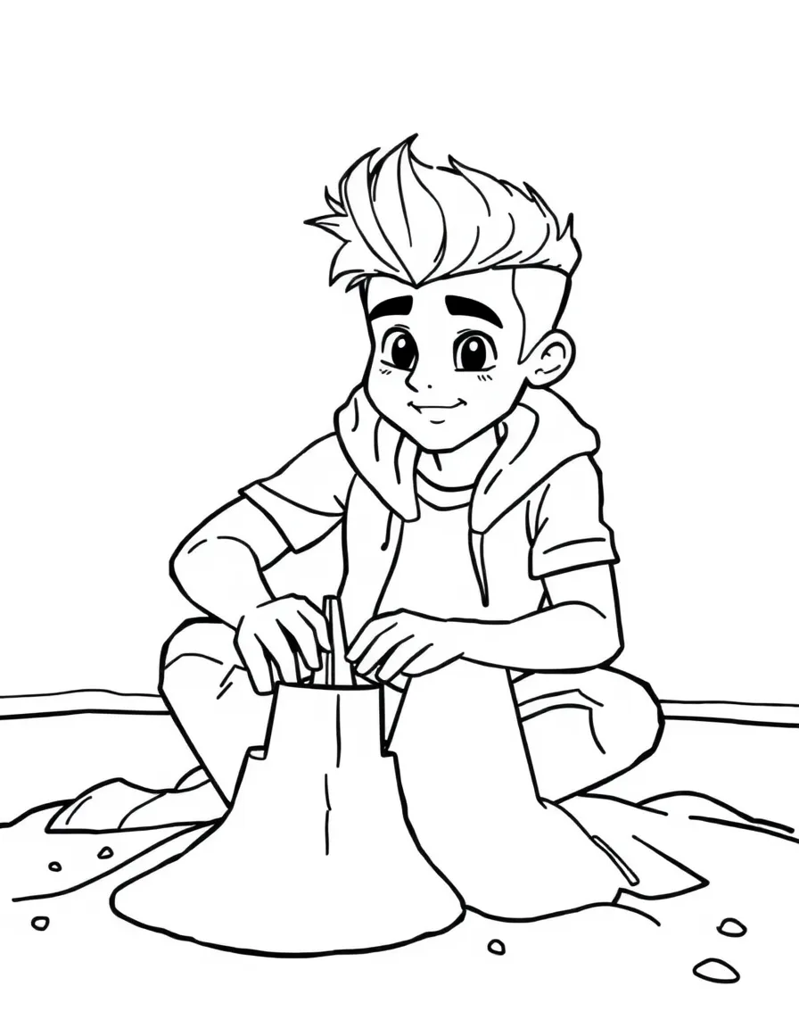 Zayn Malik building a sandcastle at the beach – a fun and kid-friendly coloring page.