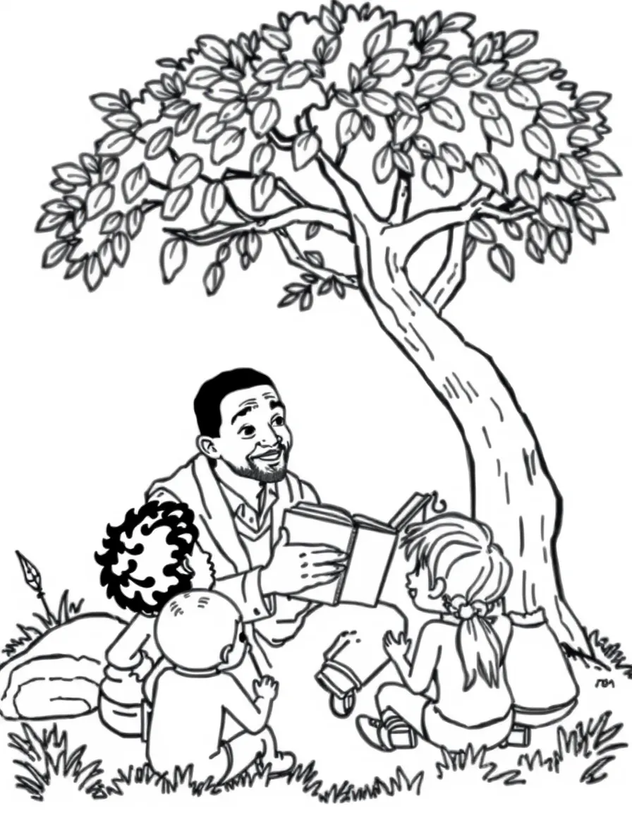 Will Smith reading a storybook to children under a tree – a fun and kid-friendly coloring page.