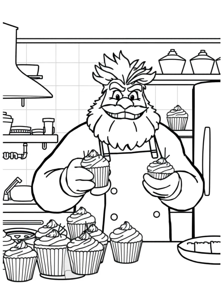 MrBeast baking cupcakes in a colorful kitchen – a fun and kid-friendly coloring page.