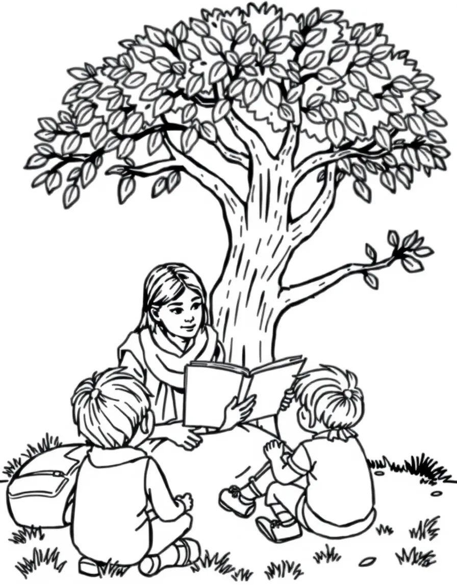 Greta Thunberg reading a storybook to children under a tree – a fun and kid-friendly coloring page.