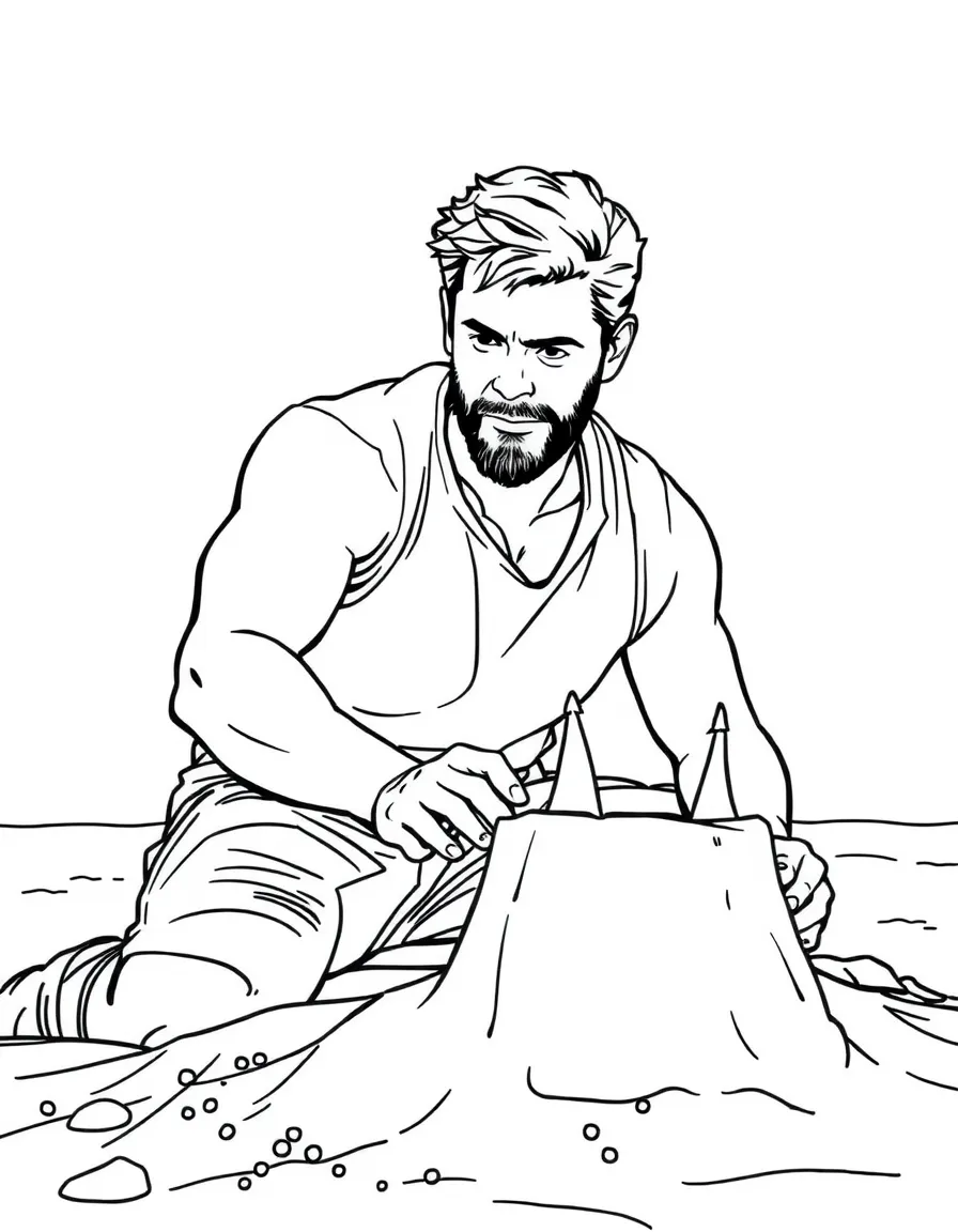 Chris Hemsworth building a sandcastle at the beach – a fun and kid-friendly coloring page.