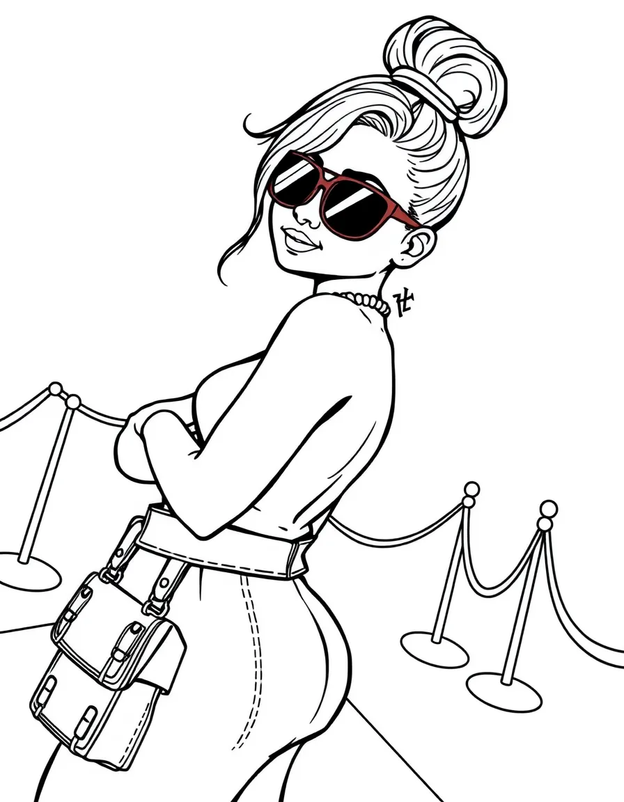 Zendaya posing with sunglasses and a cool outfit on the red carpet – a fun and kid-friendly coloring page.