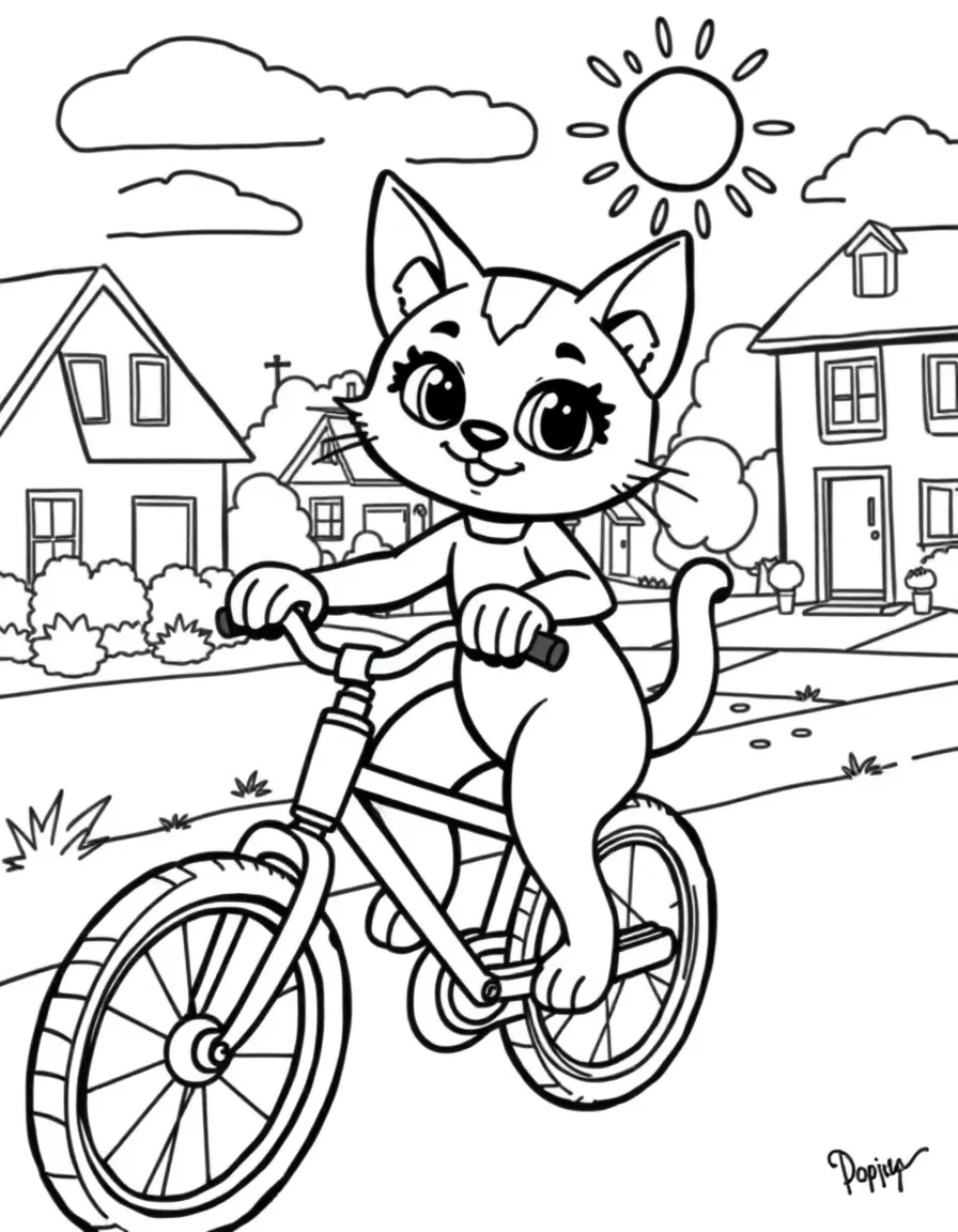 Doja Cat riding a bicycle through a sunny neighborhood – a fun and kid-friendly coloring page.