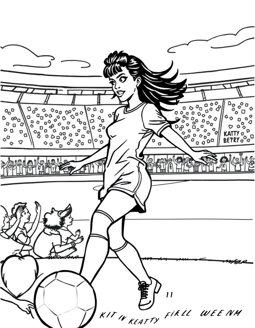 Katy Perry playing soccer on a field with cheering fans in the stands – a fun and kid-friendly coloring page.