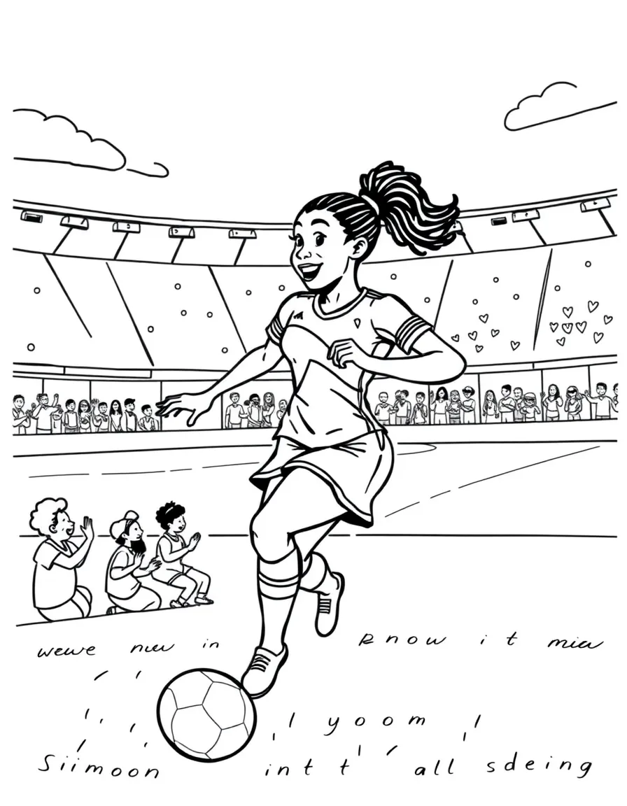 Simone Biles playing soccer on a field with cheering fans in the stands – a fun and kid-friendly coloring page.