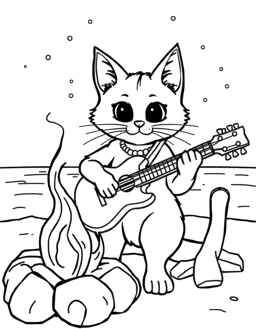 Doja Cat playing guitar at a beach bonfire – a fun and kid-friendly coloring page.