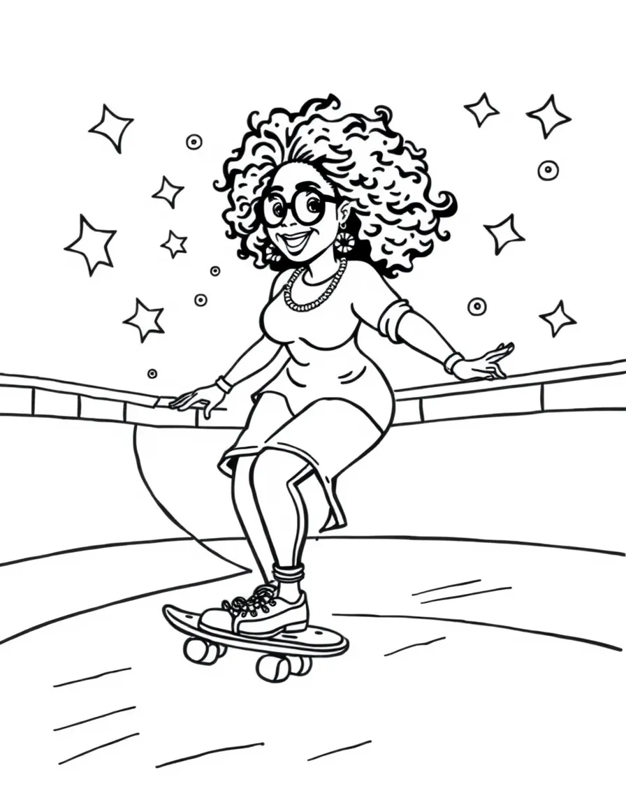 Oprah Winfrey skateboarding at a skate park with stars and swirls around – a fun and kid-friendly coloring page.