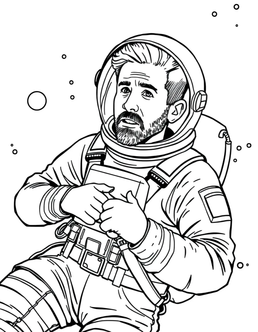 Ryan Reynolds exploring space in an astronaut suit – a fun and kid-friendly coloring page.