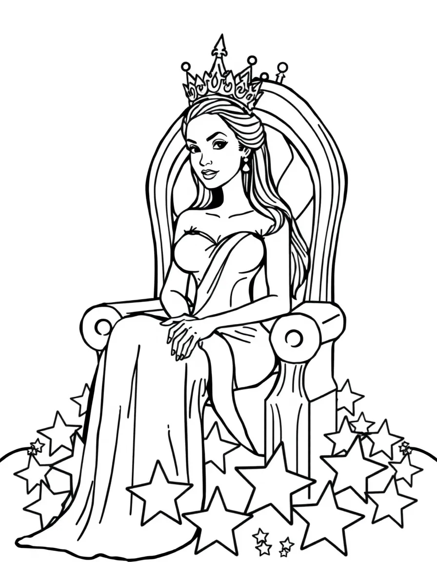 Angelina Jolie sitting on a throne made of stars with a crown – a fun and kid-friendly coloring page.