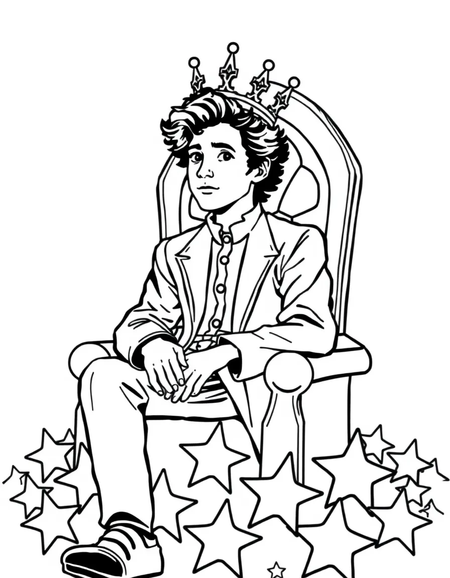Timothée Chalamet sitting on a throne made of stars with a crown – a fun and kid-friendly coloring page.