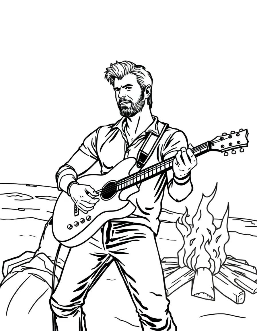 Chris Hemsworth playing guitar at a beach bonfire – a fun and kid-friendly coloring page.