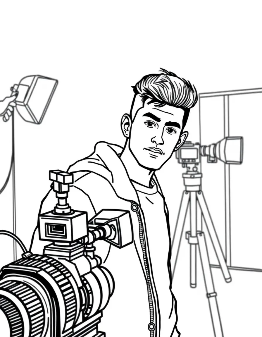 Zayn Malik acting in a scene on a movie set with cameras – a fun and kid-friendly coloring page.