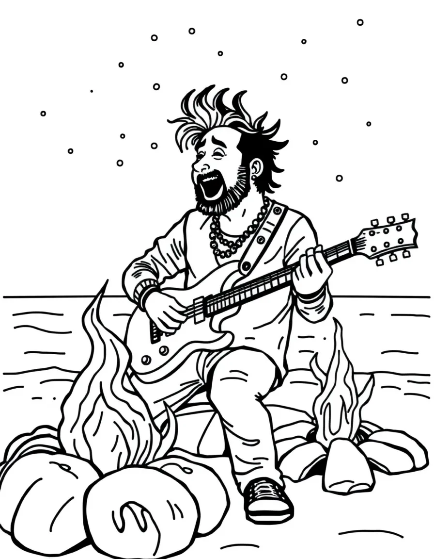 Post Malone playing guitar at a beach bonfire – a fun and kid-friendly coloring page.