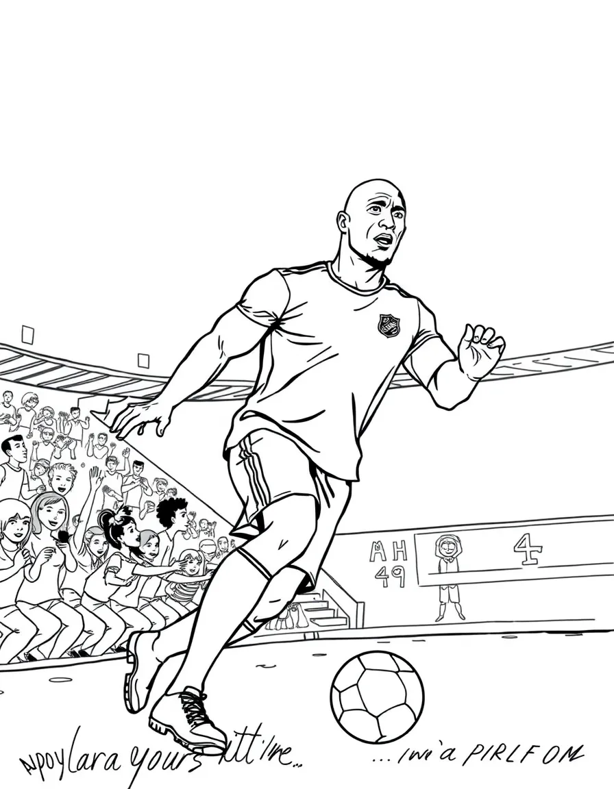 Dwayne Johnson playing soccer on a field with cheering fans in the stands – a fun and kid-friendly coloring page.