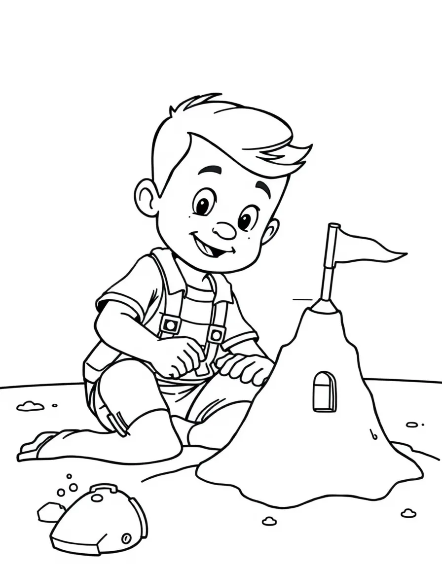 Tom Holland building a sandcastle at the beach – a fun and kid-friendly coloring page.