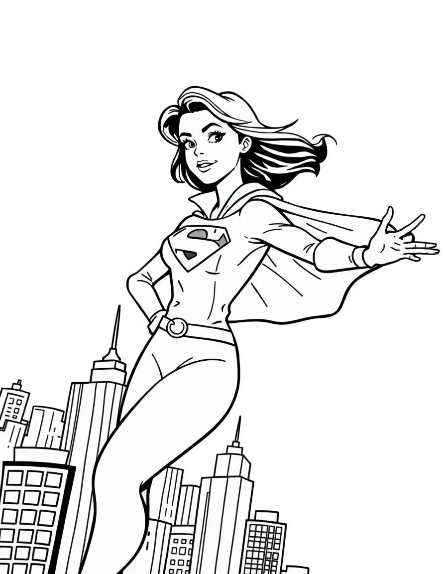 Anne Hathaway wearing a superhero cape and flying over a cityscape – a fun and kid-friendly coloring page.