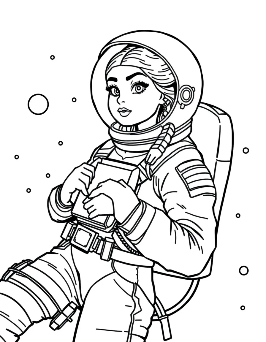 Ariana Grande exploring space in an astronaut suit – a fun and kid-friendly coloring page.