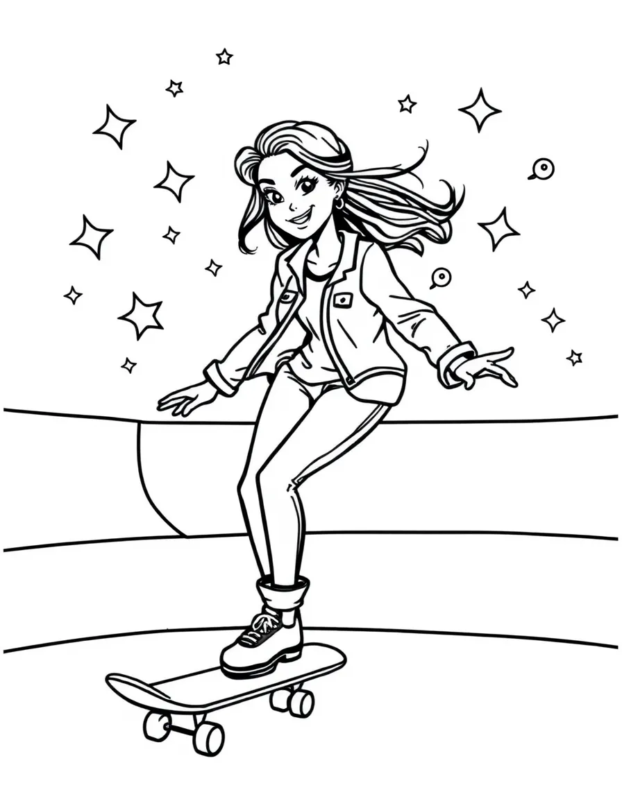 Anne Hathaway skateboarding at a skate park with stars and swirls around – a fun and kid-friendly coloring page.