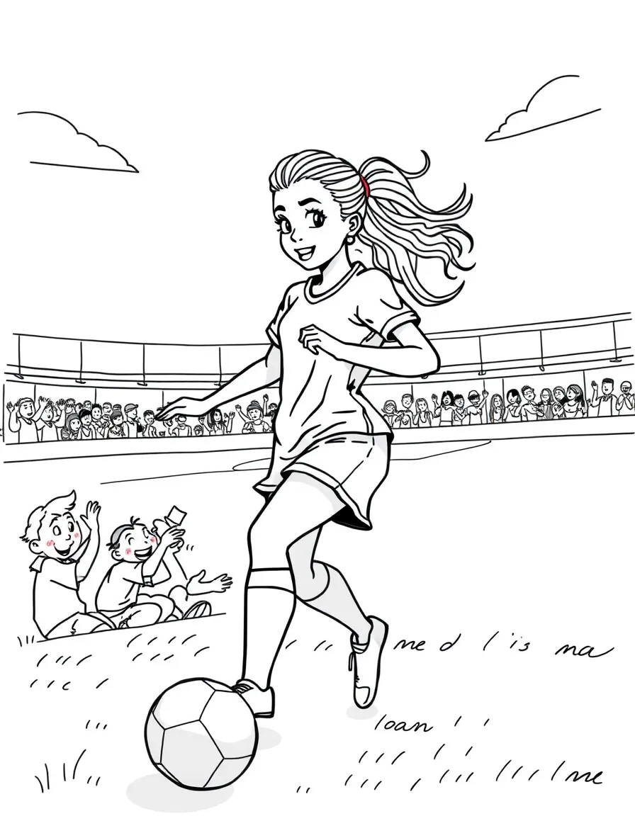 Zendaya playing soccer on a field with cheering fans in the stands – a fun and kid-friendly coloring page.
