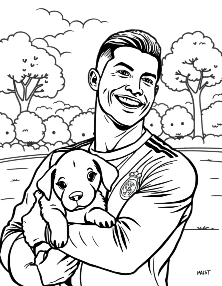Cristiano Ronaldo smiling and holding a puppy with a park background – a fun and kid-friendly coloring page.