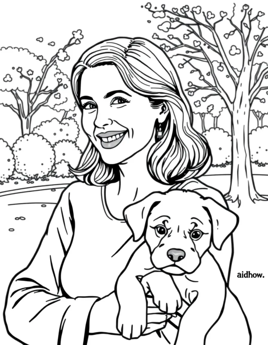 Anne Hathaway smiling and holding a puppy with a park background – a fun and kid-friendly coloring page.