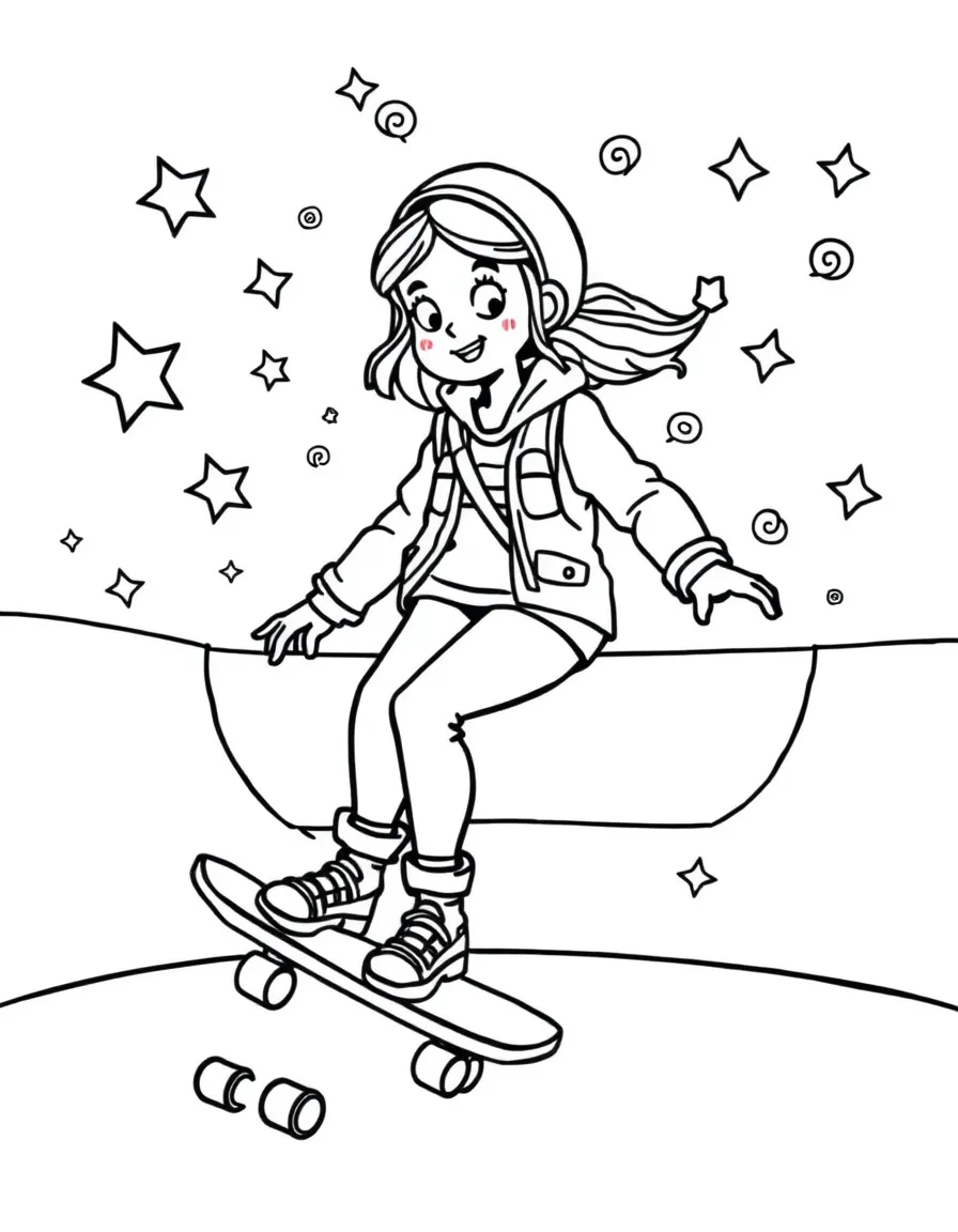 Greta Thunberg skateboarding at a skate park with stars and swirls around – a fun and kid-friendly coloring page.