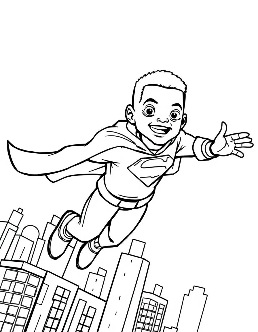 Will Smith wearing a superhero cape and flying over a cityscape – a fun and kid-friendly coloring page.