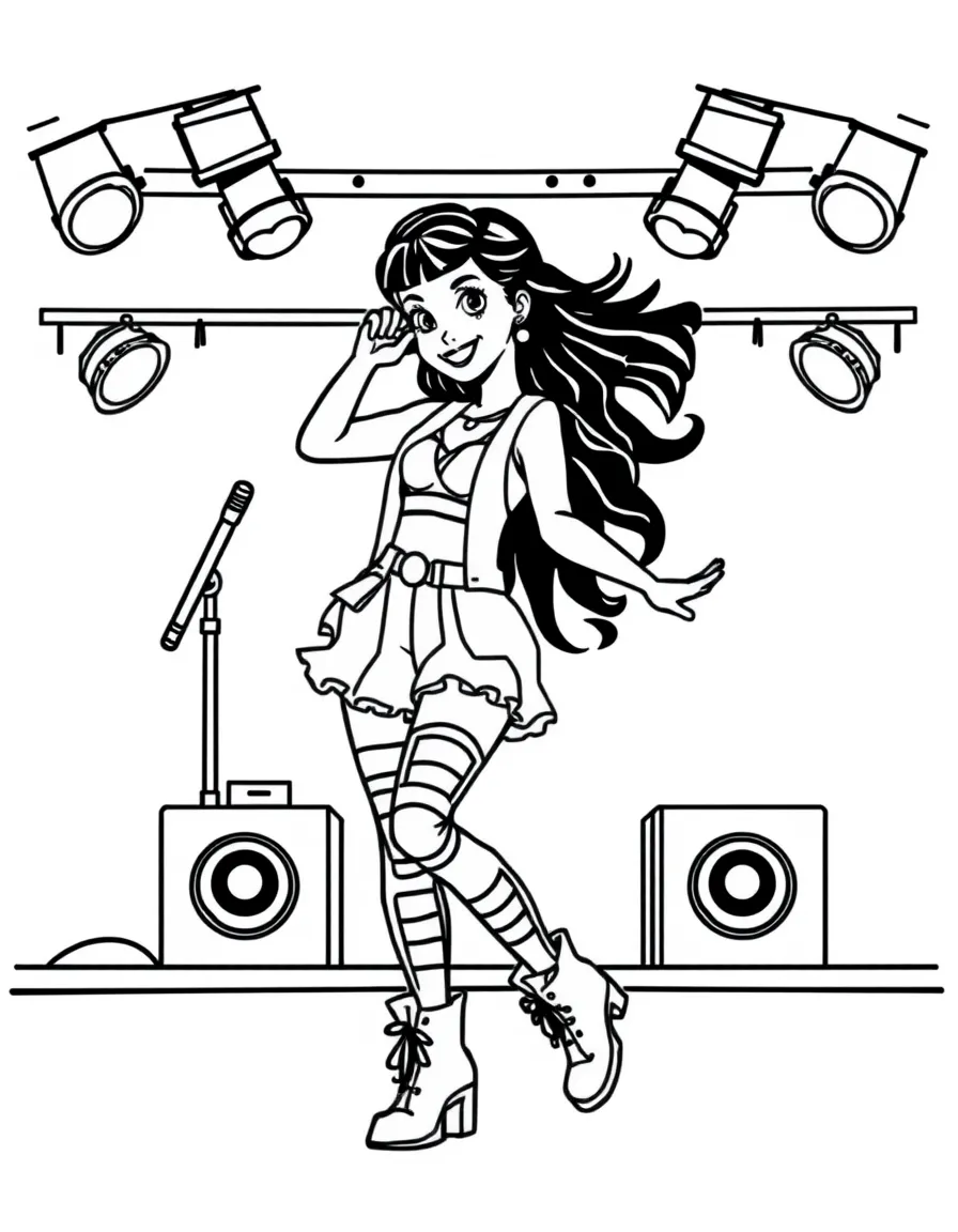 Camila Cabello dancing on a stage with spotlights and fun outfits – a fun and kid-friendly coloring page.