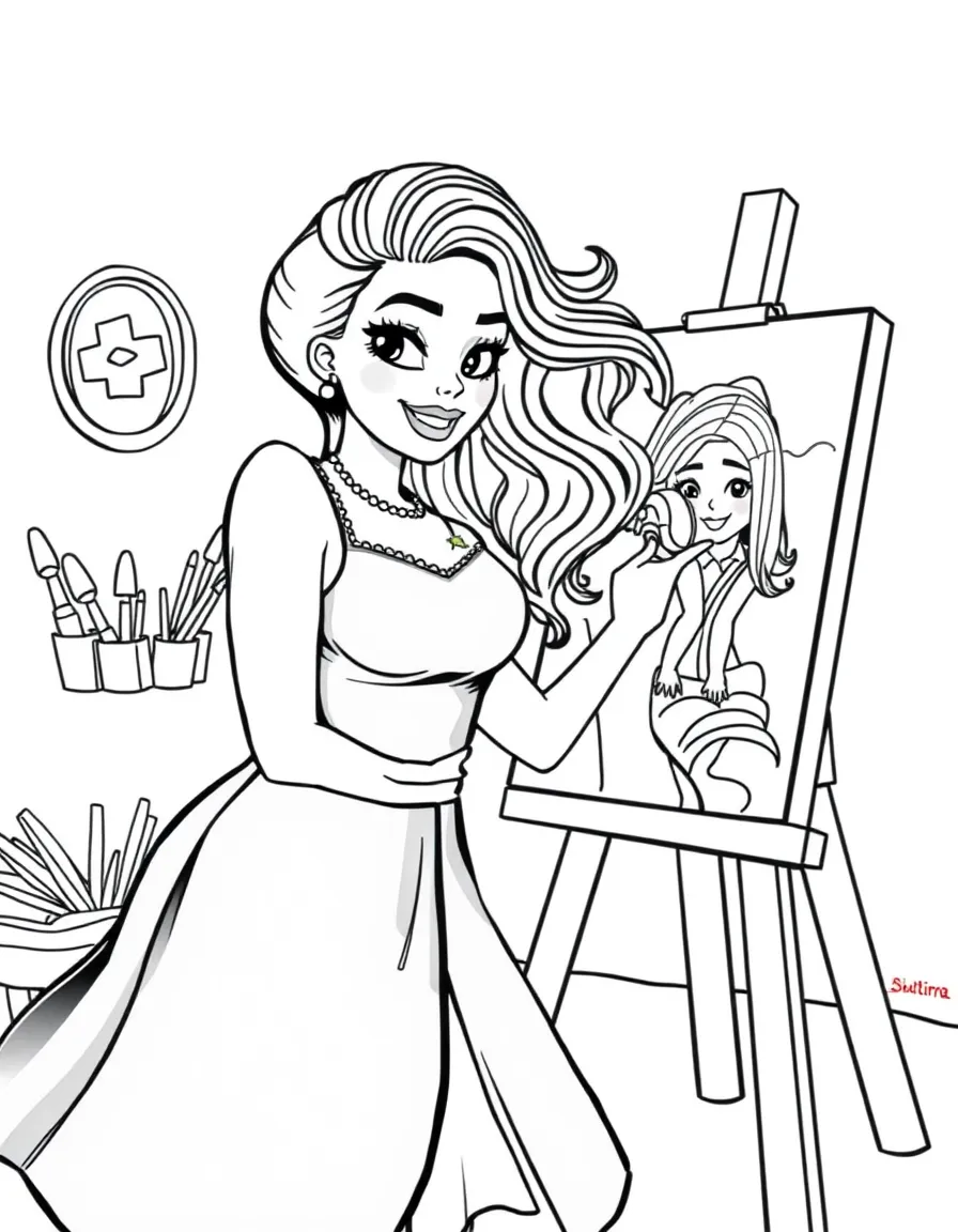 Shakira painting a picture at an art studio – a fun and kid-friendly coloring page.