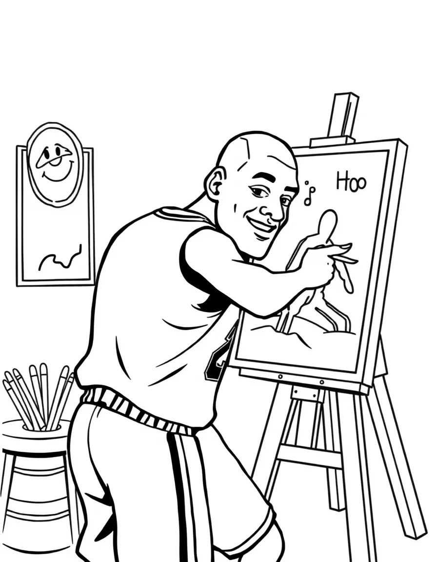 Michael Jordan painting a picture at an art studio – a fun and kid-friendly coloring page.