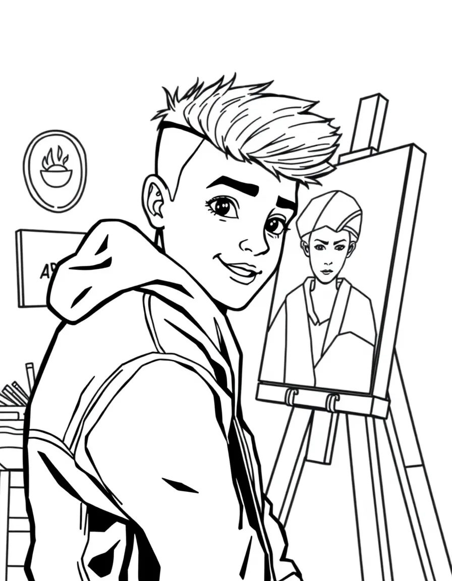 Justin Bieber painting a picture at an art studio – a fun and kid-friendly coloring page.