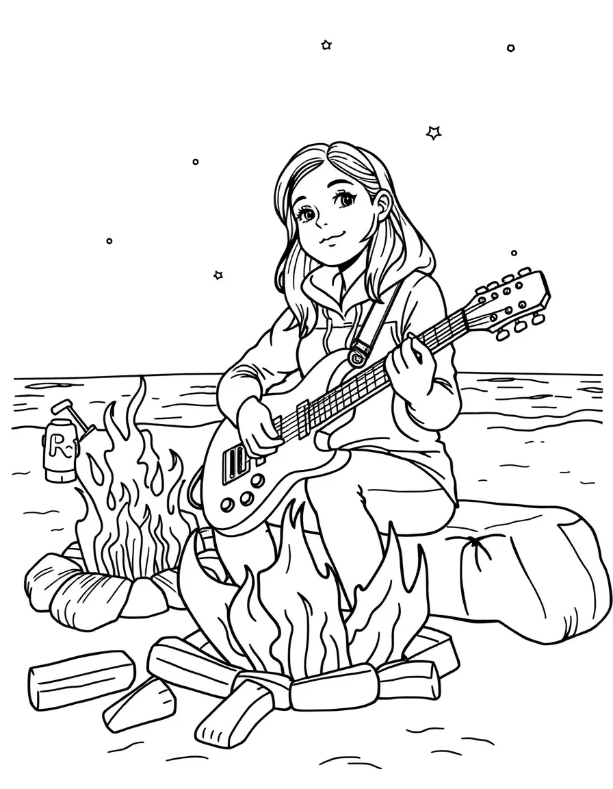 Greta Thunberg playing guitar at a beach bonfire – a fun and kid-friendly coloring page.