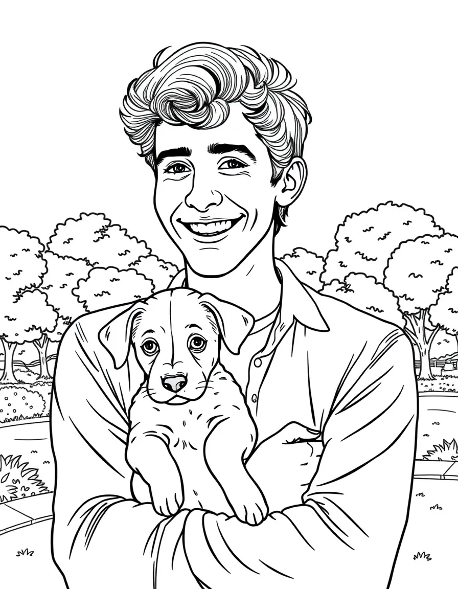 Timothée Chalamet smiling and holding a puppy with a park background – a fun and kid-friendly coloring page.