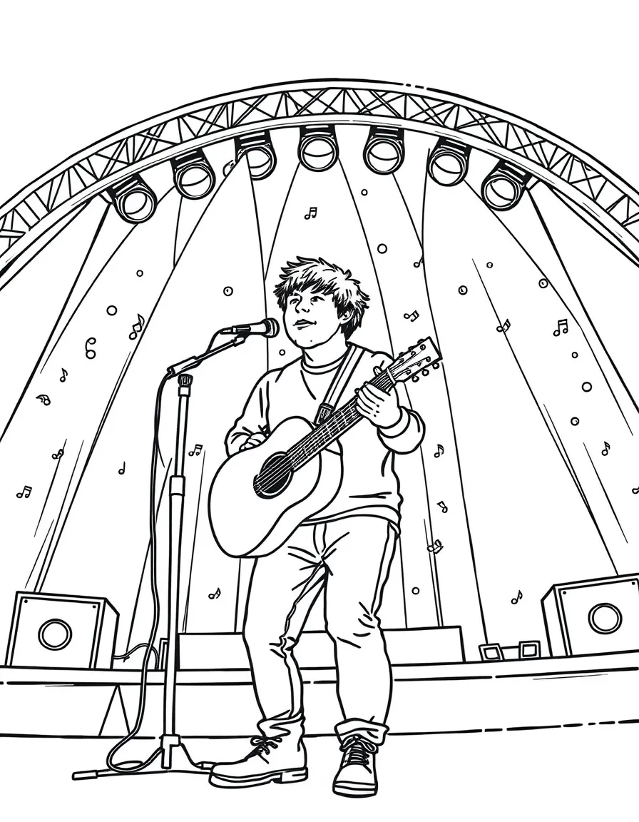 Ed Sheeran singing on a big concert stage with musical notes and lights – a fun and kid-friendly coloring page.