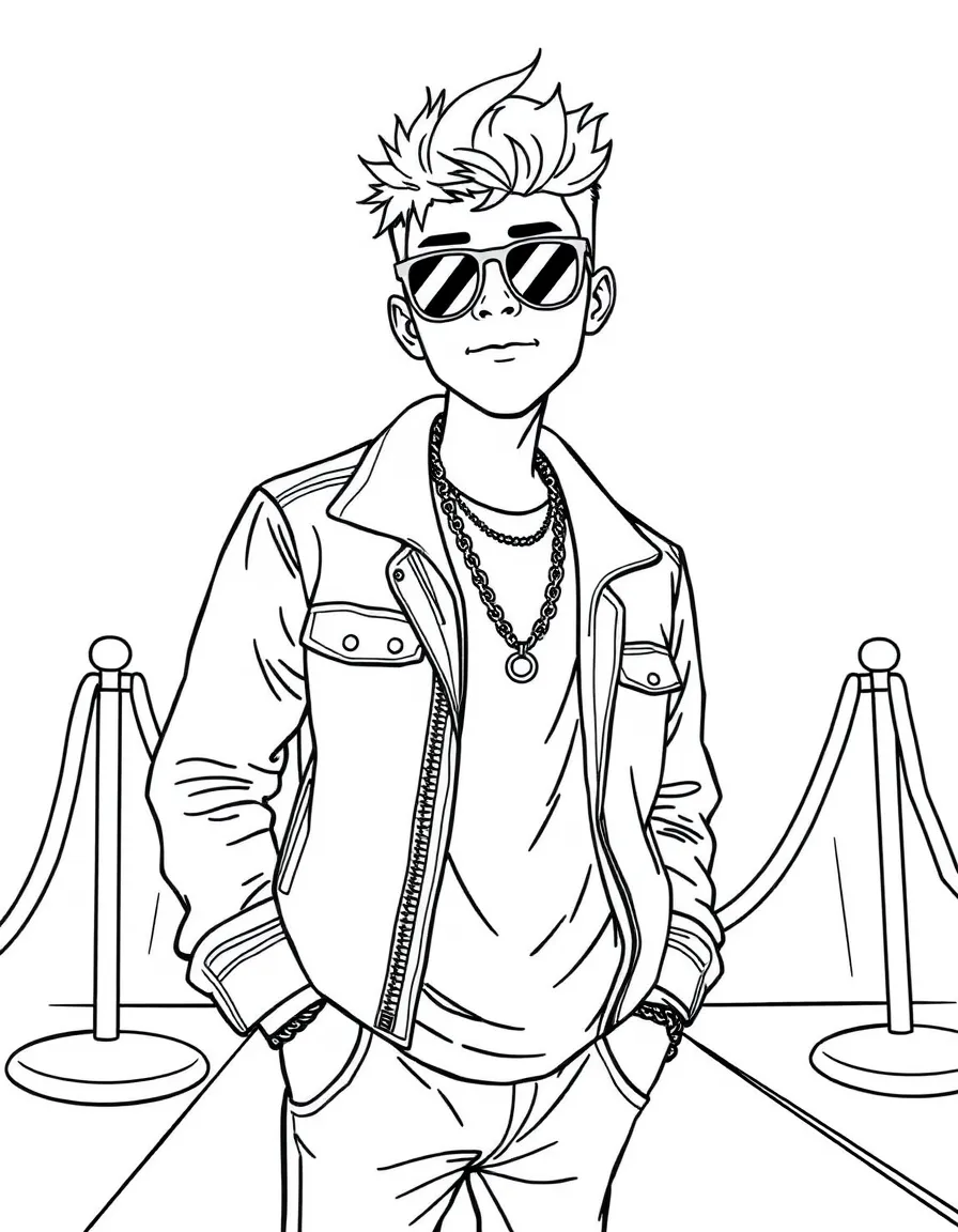 Justin Bieber posing with sunglasses and a cool outfit on the red carpet – a fun and kid-friendly coloring page.