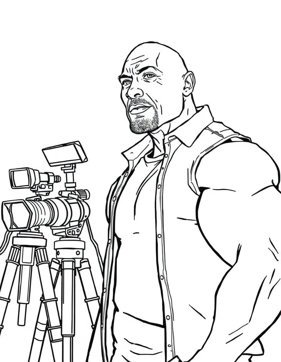 Dwayne Johnson acting in a scene on a movie set with cameras – a fun and kid-friendly coloring page.