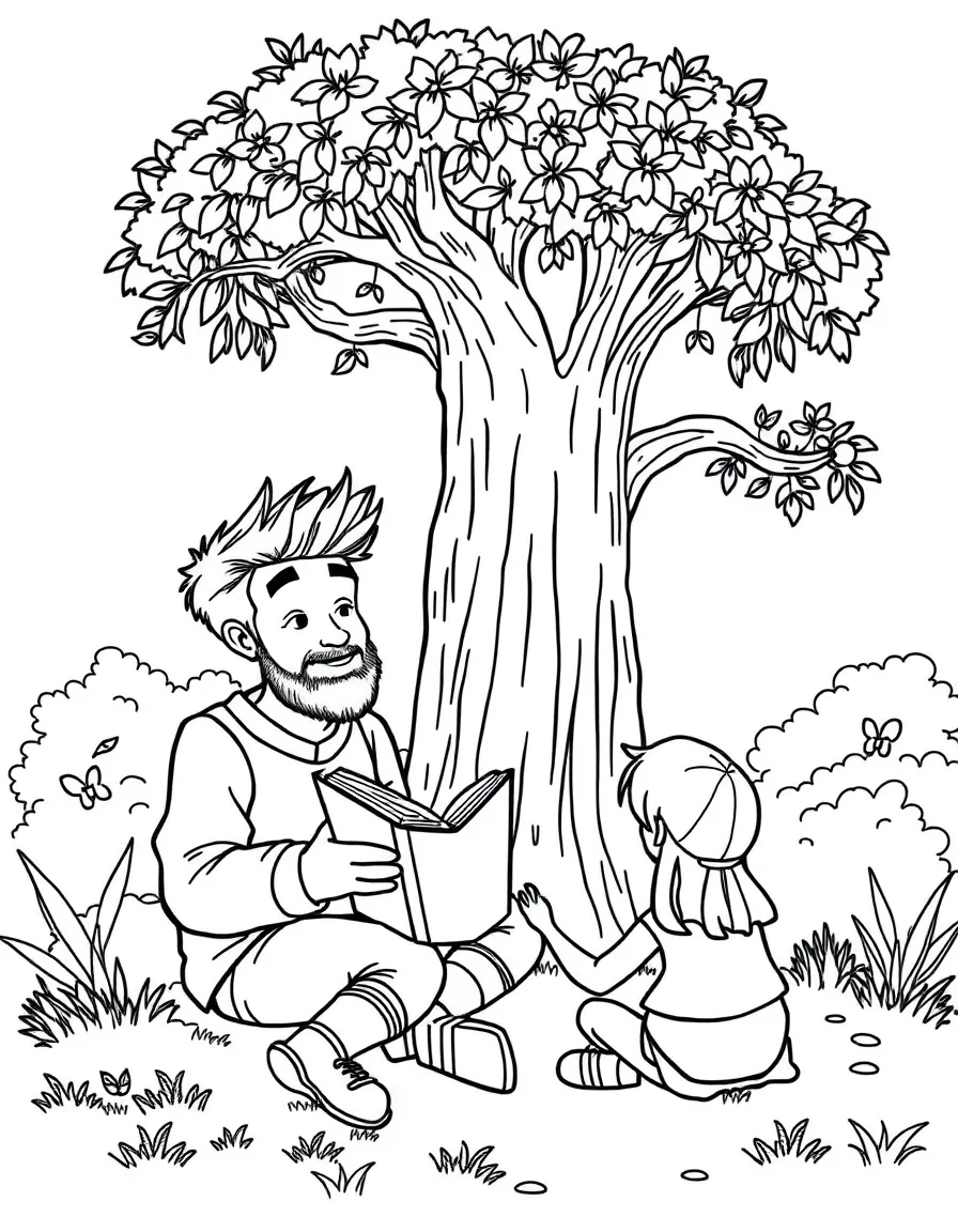 PewDiePie reading a storybook to children under a tree – a fun and kid-friendly coloring page.