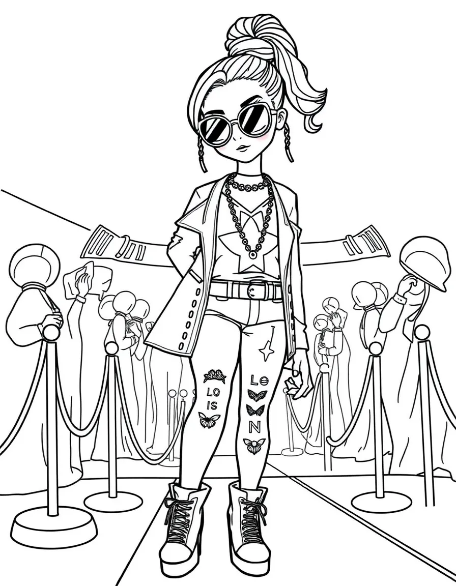 Zendaya posing with sunglasses and a cool outfit on the red carpet – a fun and kid-friendly coloring page.