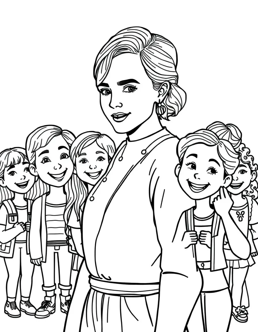 Emma Watson posing with cartoon versions of their fans – a fun and kid-friendly coloring page.