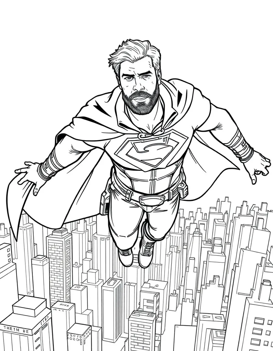 Chris Hemsworth wearing a superhero cape and flying over a cityscape – a fun and kid-friendly coloring page.