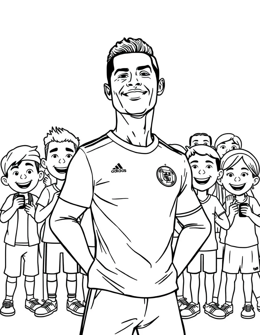 Cristiano Ronaldo posing with cartoon versions of their fans – a fun and kid-friendly coloring page.