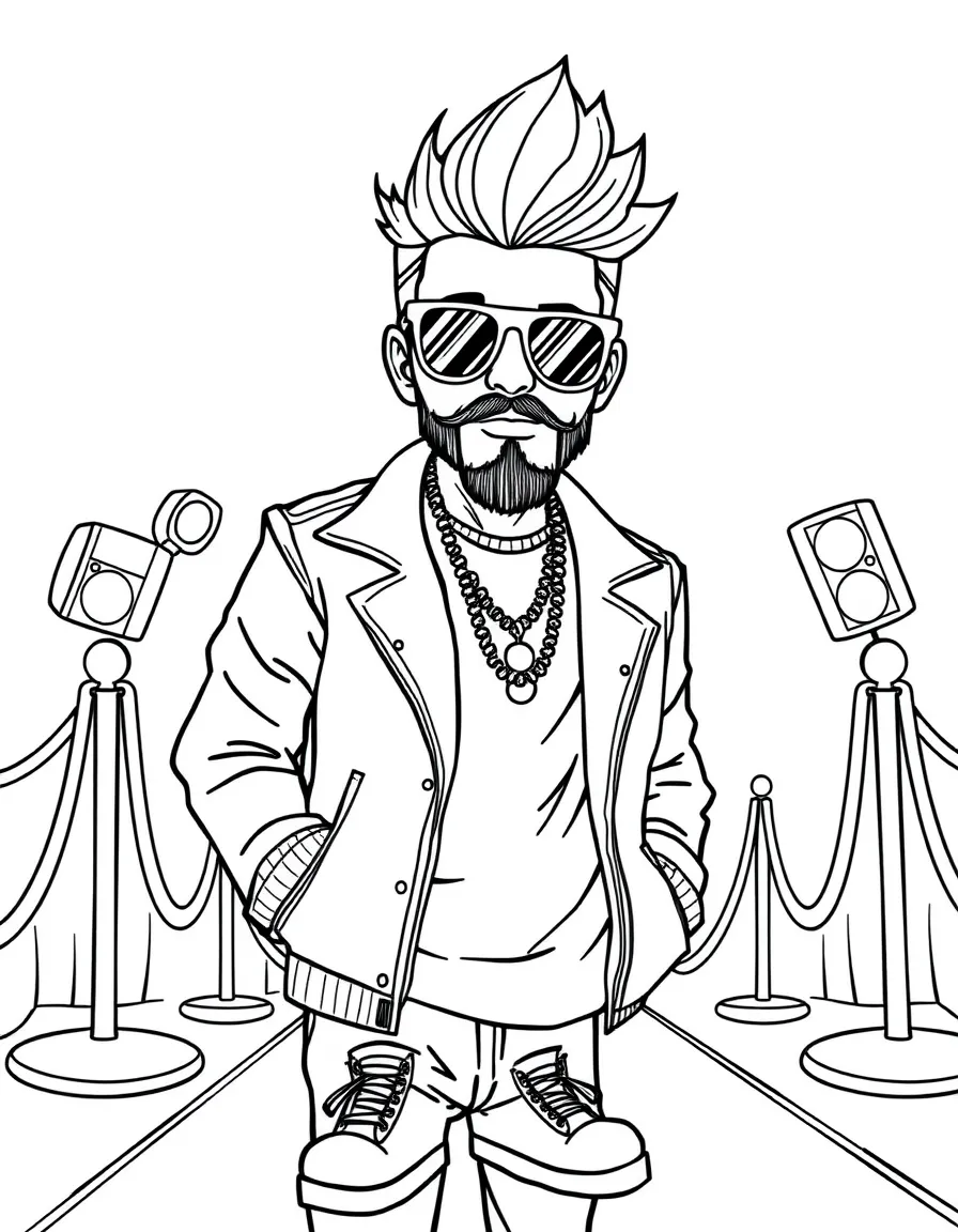 PewDiePie posing with sunglasses and a cool outfit on the red carpet – a fun and kid-friendly coloring page.