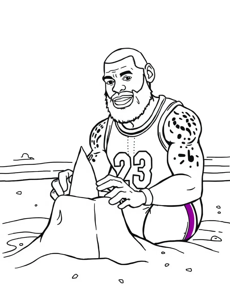 LeBron James building a sandcastle at the beach – a fun and kid-friendly coloring page.