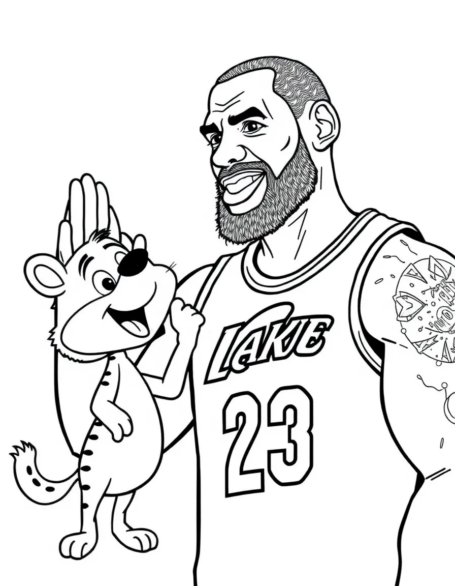 LeBron James giving a high five to a cartoon animal friend – a fun and kid-friendly coloring page.
