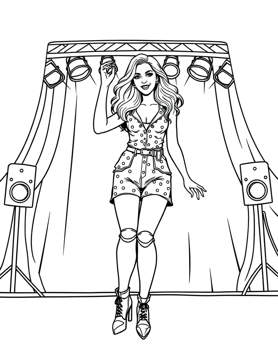 Blake Lively dancing on a stage with spotlights and fun outfits – a fun and kid-friendly coloring page.