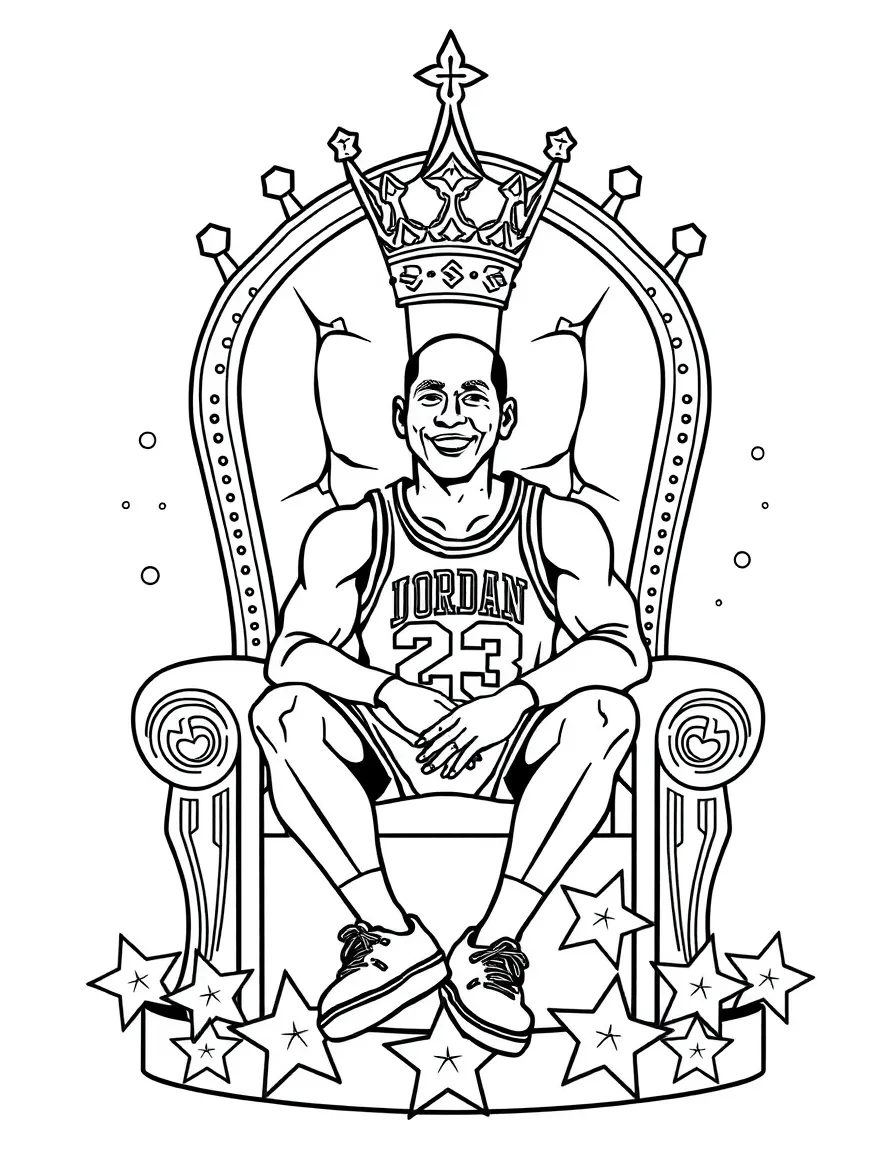 Michael Jordan sitting on a throne made of stars with a crown – a fun and kid-friendly coloring page.